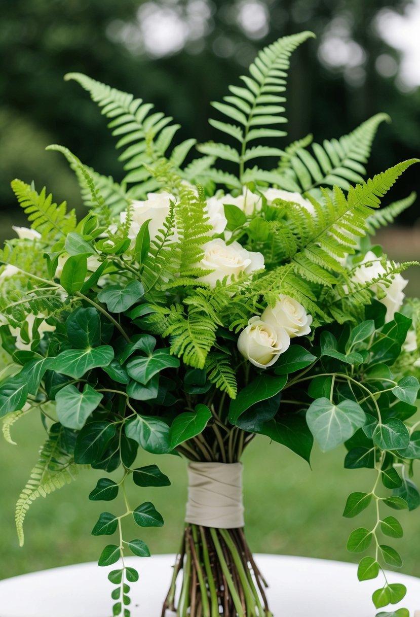 Lush ferns and delicate ivy intertwine in a vibrant greenery wedding bouquet