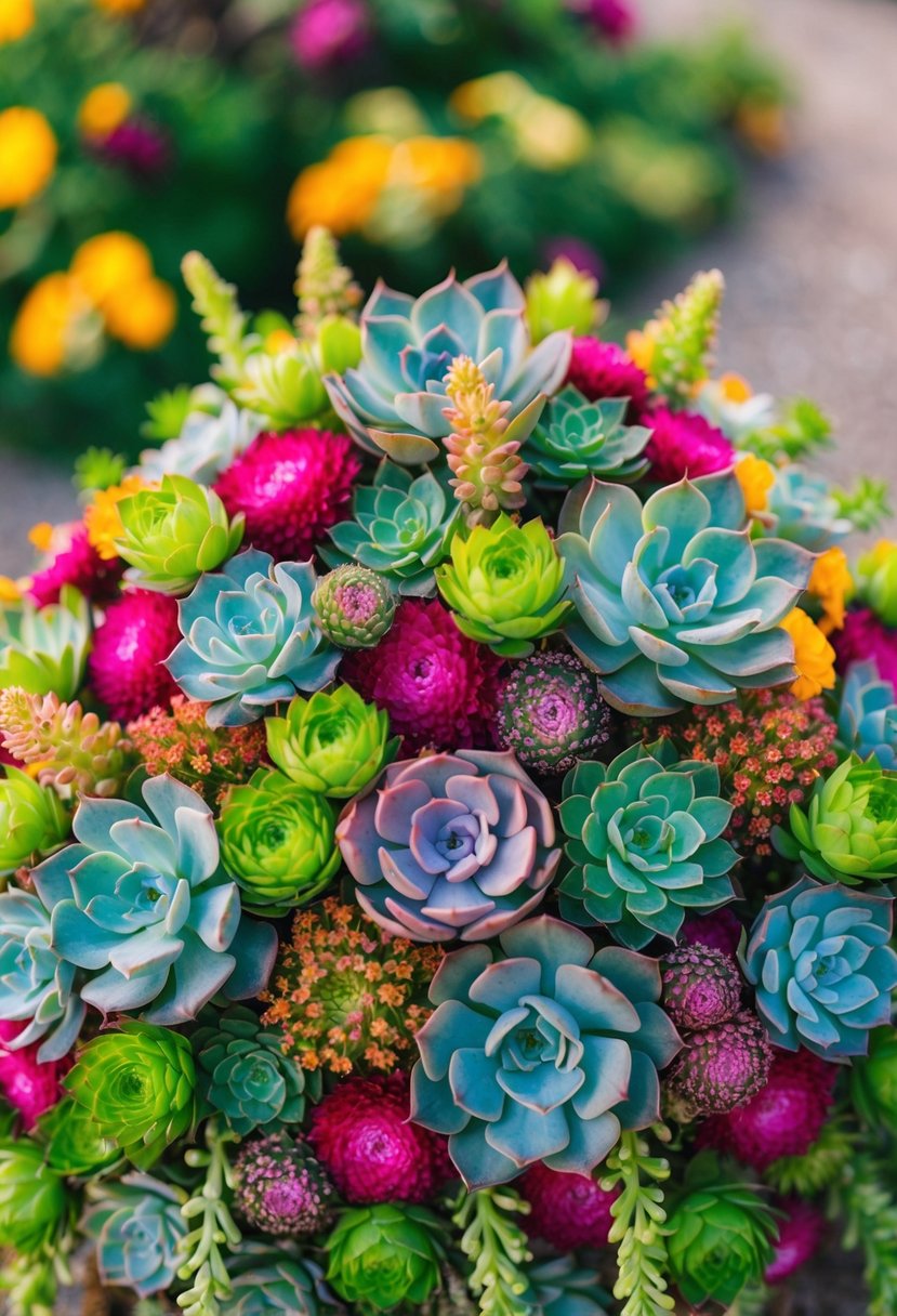 A collection of vibrant succulents arranged in a cascading bouquet, with pops of color and varying textures