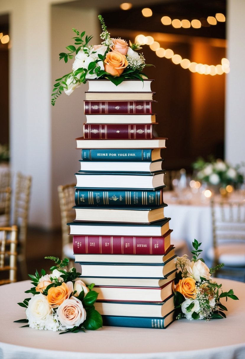 Books stacked with flowers on a round wedding table