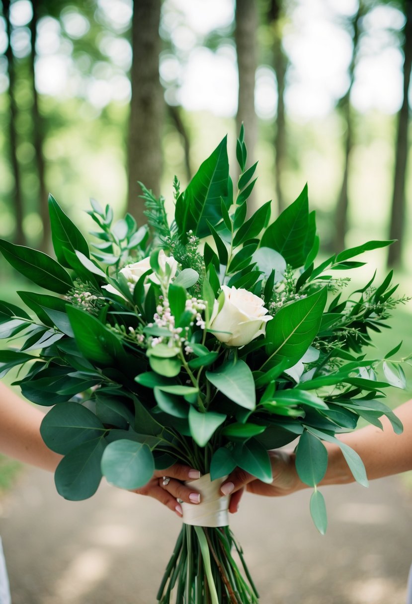 A wedding bouquet of lush greenery with bay leaves forming a delicate halo