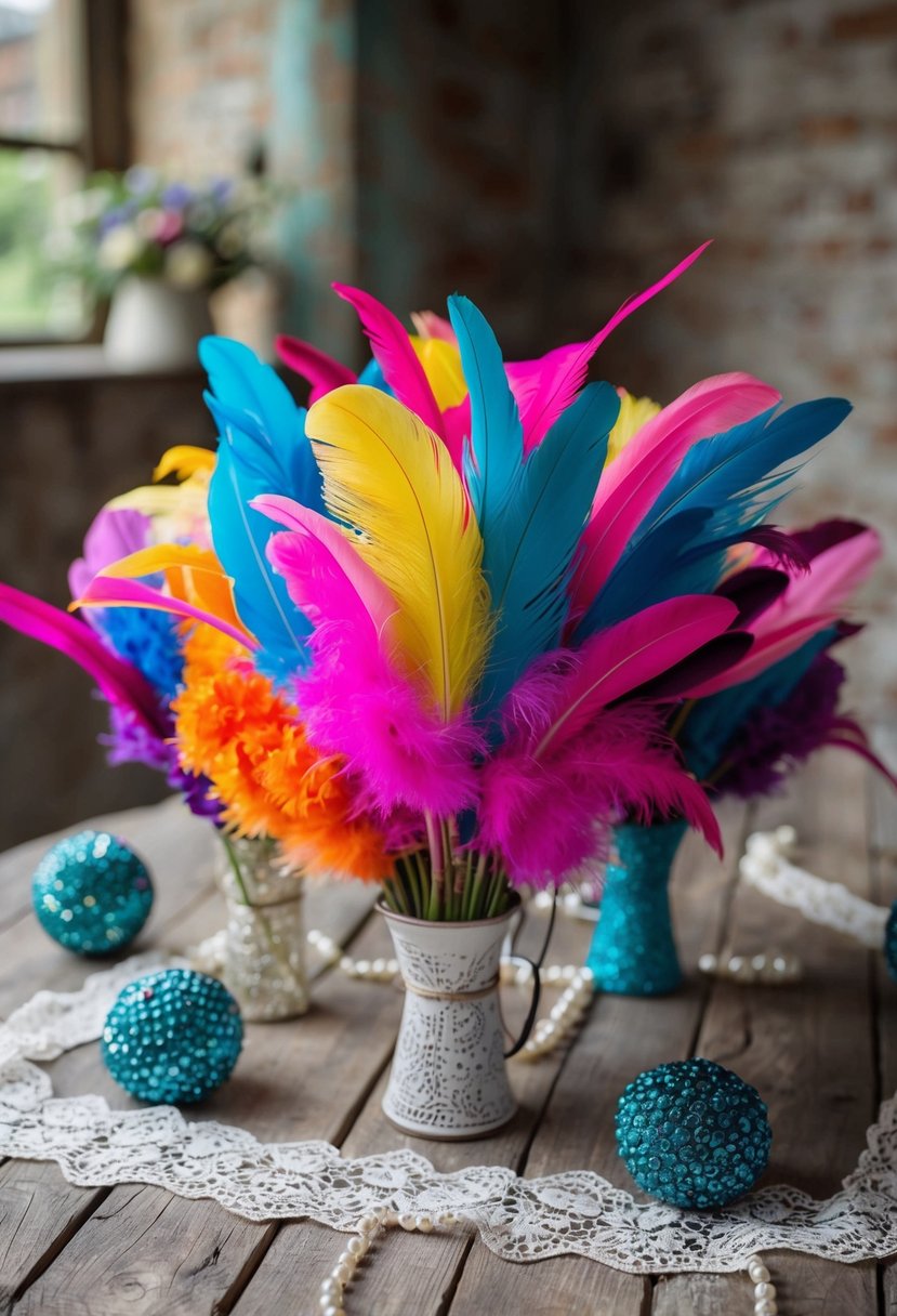 A collection of vibrant feather bouquets arranged on a rustic wooden table, surrounded by delicate lace and shimmering pearls