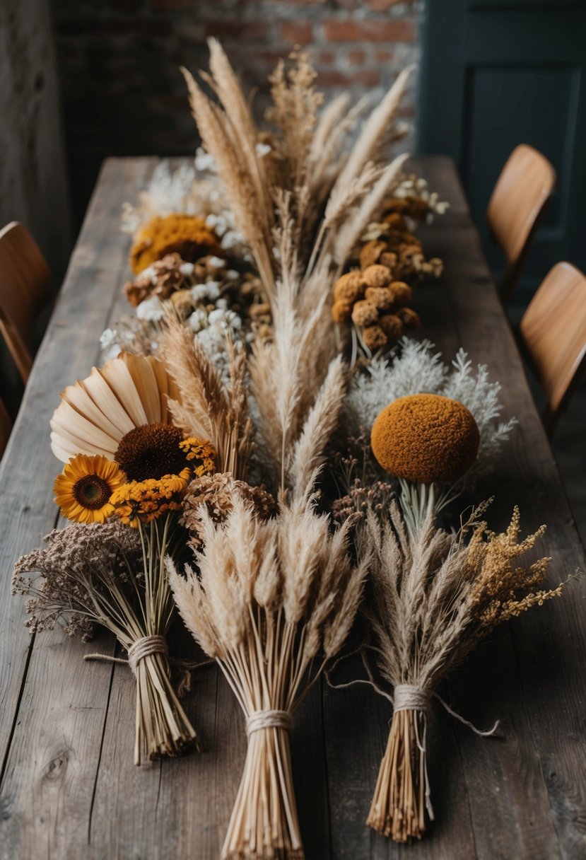 A rustic table adorned with an array of dried flower bouquets in various shapes and sizes, featuring earthy tones and delicate textures