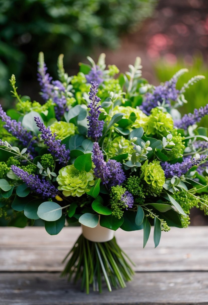 A vibrant bouquet of greenery and lavender, bursting with life and natural beauty