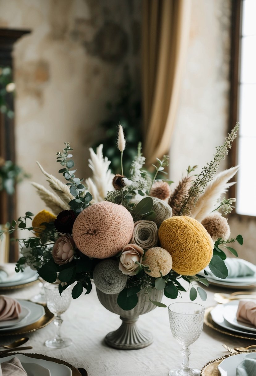 A table adorned with fabric bouquets in various colors and textures, arranged in a rustic and elegant setting