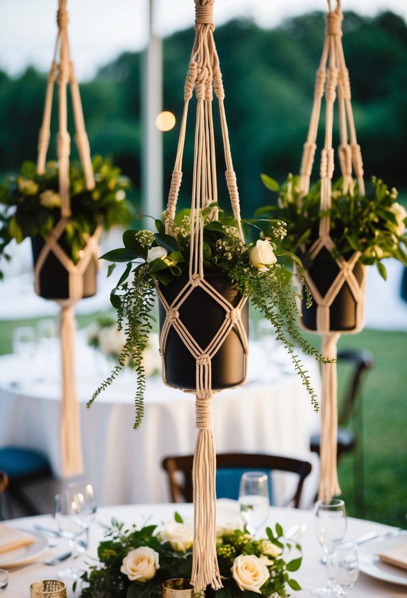 Macrame planters hang from above, adorning a wedding table with lush greenery