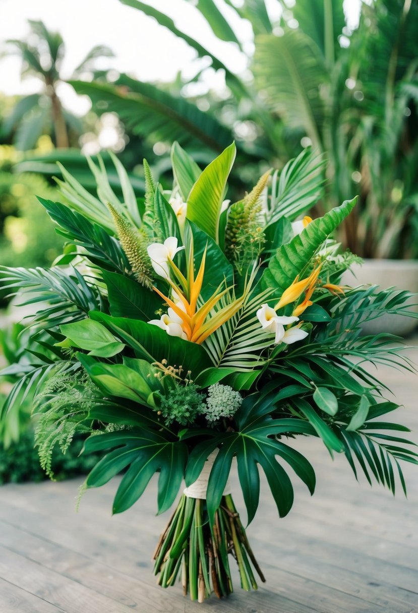 A lush, vibrant wedding bouquet filled with tropical greenery and exotic foliage, evoking a truly tropical vibe