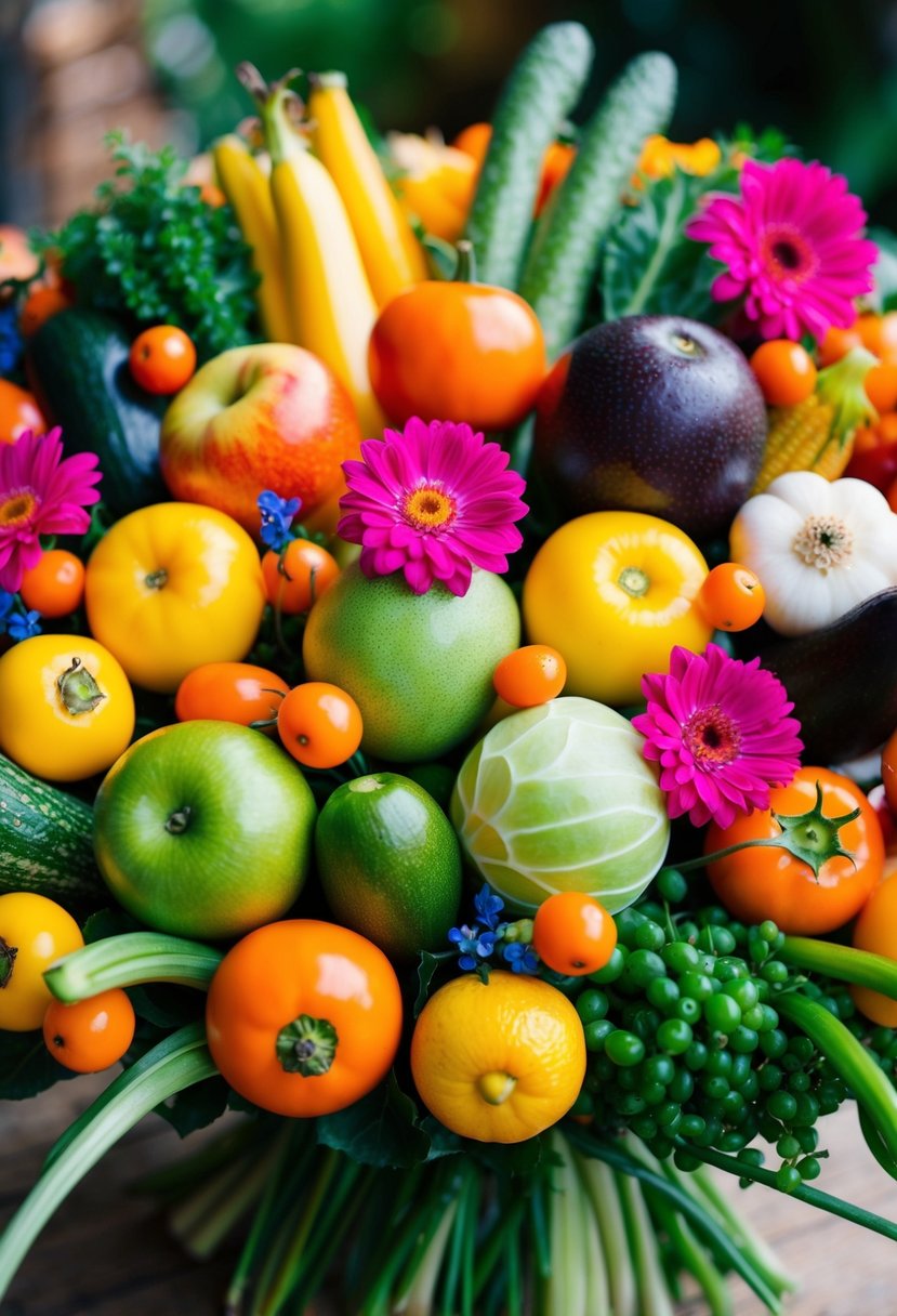 A colorful assortment of fruits and vegetables arranged in a bouquet-like fashion, with vibrant blooms interspersed throughout