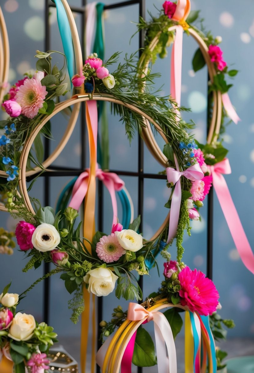 A collection of colorful hoops adorned with flowers, ribbons, and greenery arranged in an artistic display