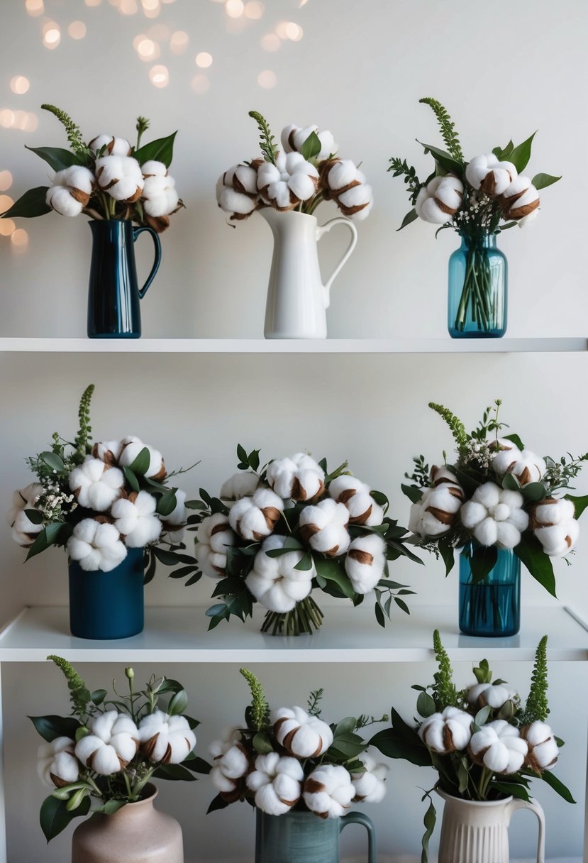 A collection of cotton bouquets arranged in various vases and containers, showcasing alternative wedding bouquet ideas