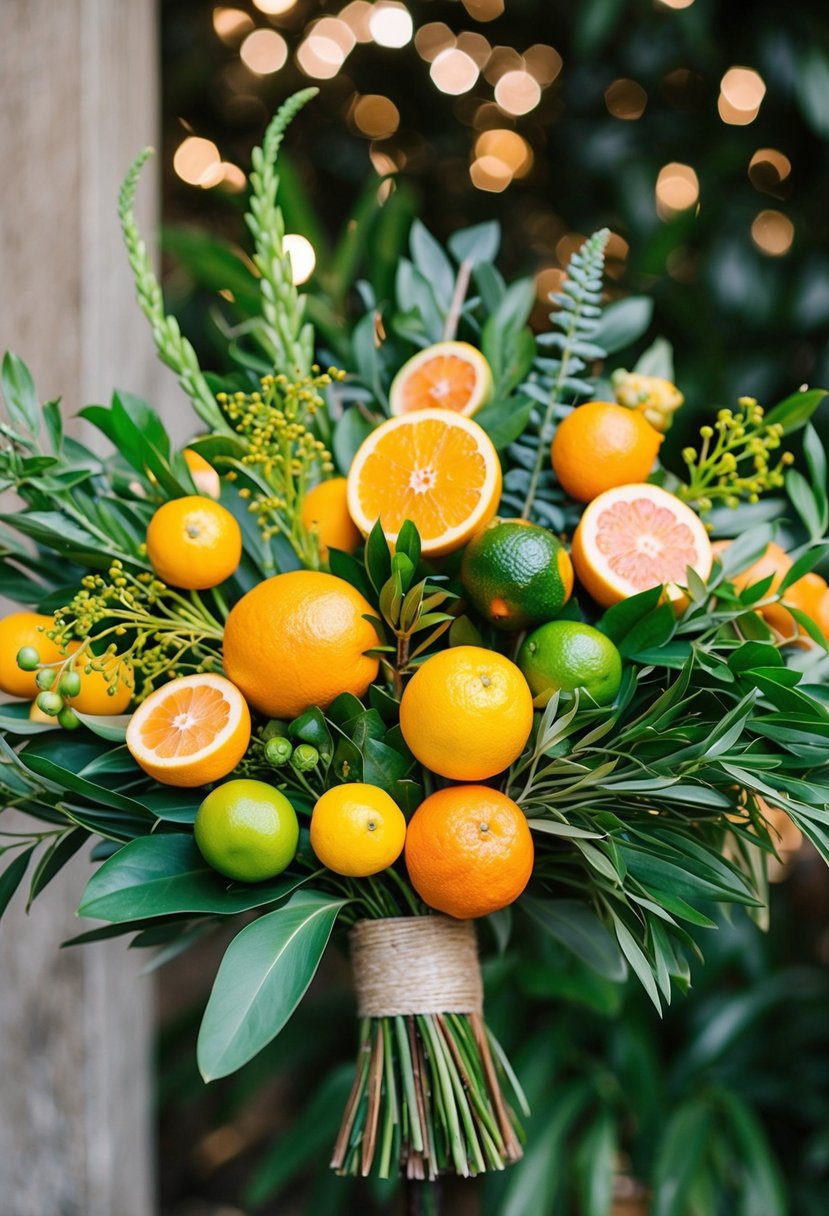 A vibrant assortment of citrus fruits and greenery arranged in a loose, organic style, with pops of color and texture for a unique and fresh alternative wedding bouquet