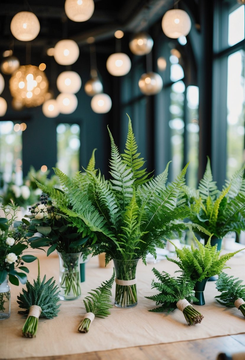 A table adorned with various fern bouquets in different shapes and sizes, arranged in an elegant and alternative wedding bouquet display