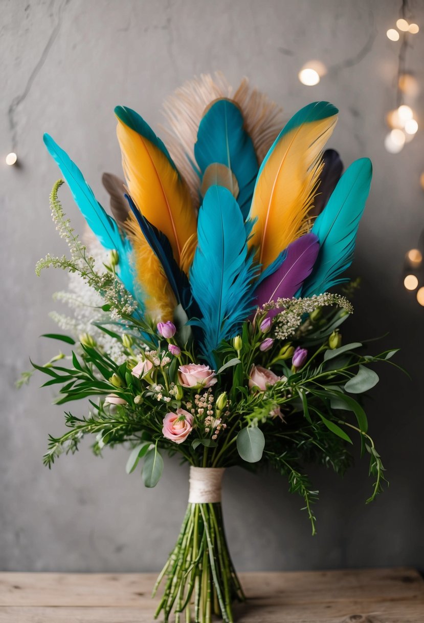 A bouquet of vibrant feathers arranged in a cascading style, accented with delicate sprigs of greenery and small blooms