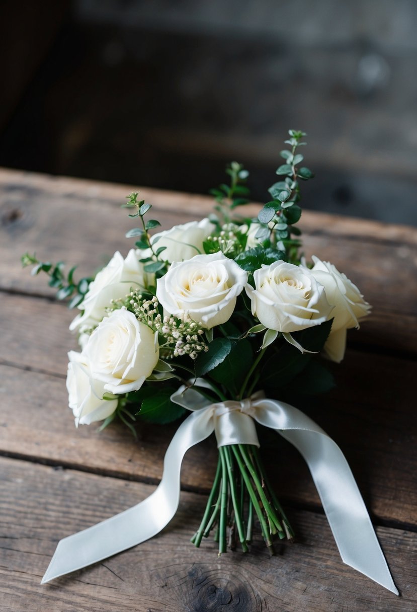 A small bouquet of delicate white roses and greenery tied with a satin ribbon, resting on a rustic wooden table