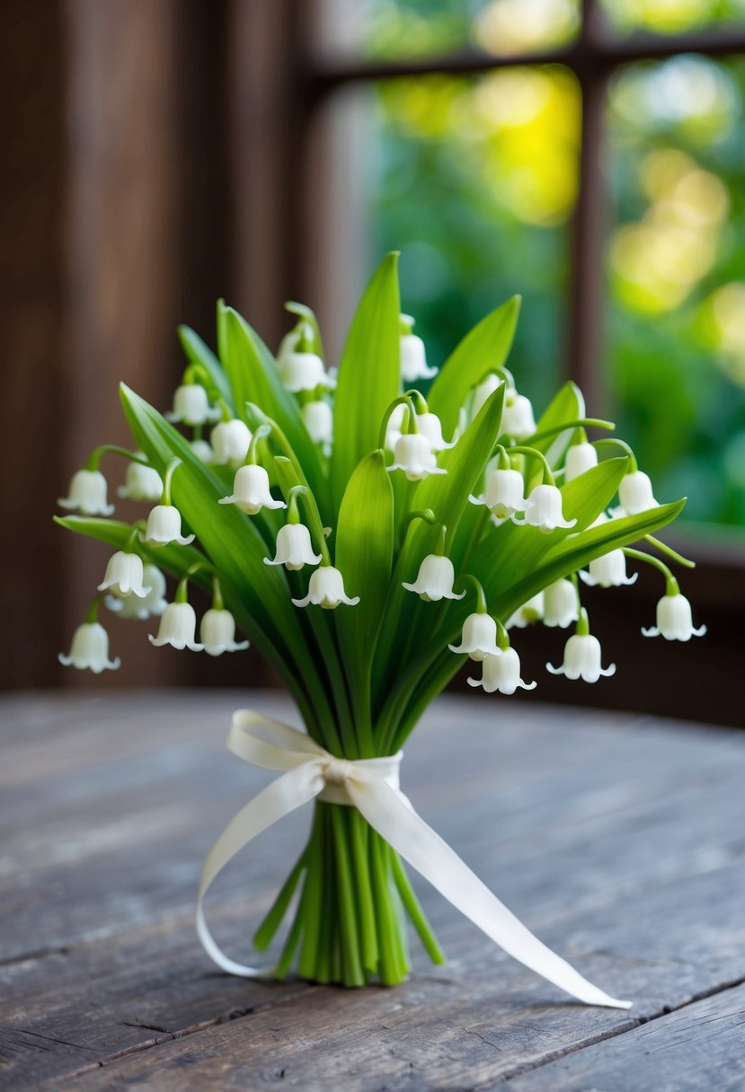 A small bouquet of Lily of the Valley, tied with a simple ribbon, sits on a rustic wooden table