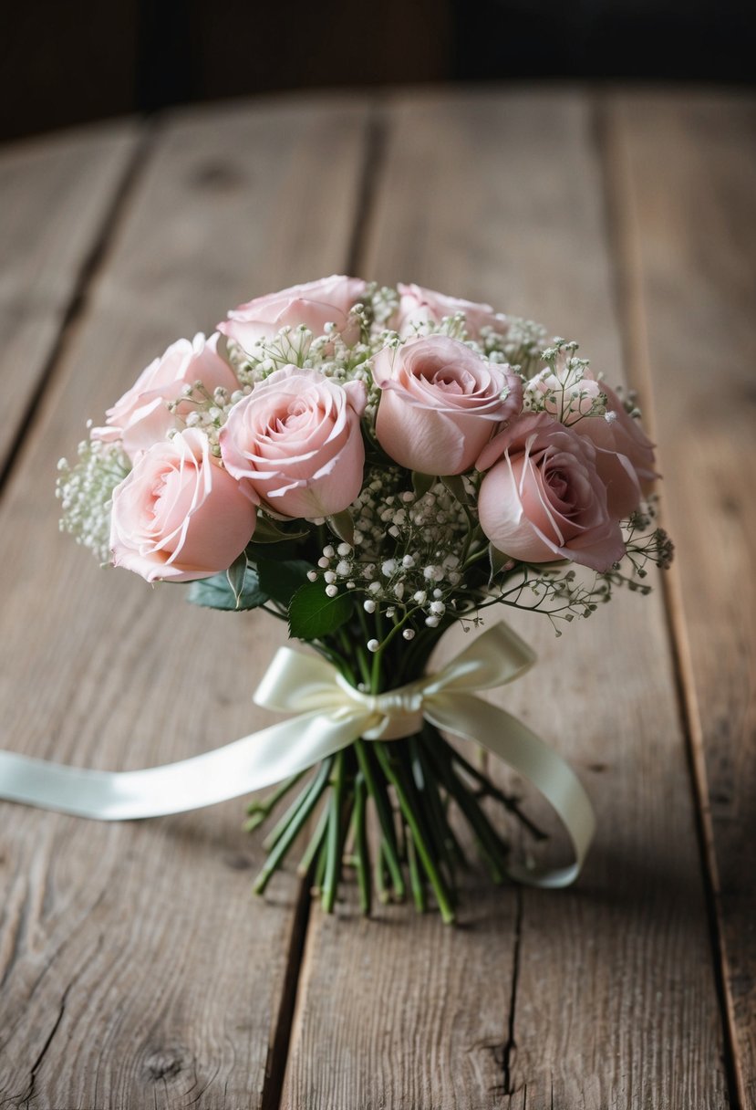 A small bouquet of delicate pink roses and baby's breath tied with a satin ribbon, resting on a rustic wooden table