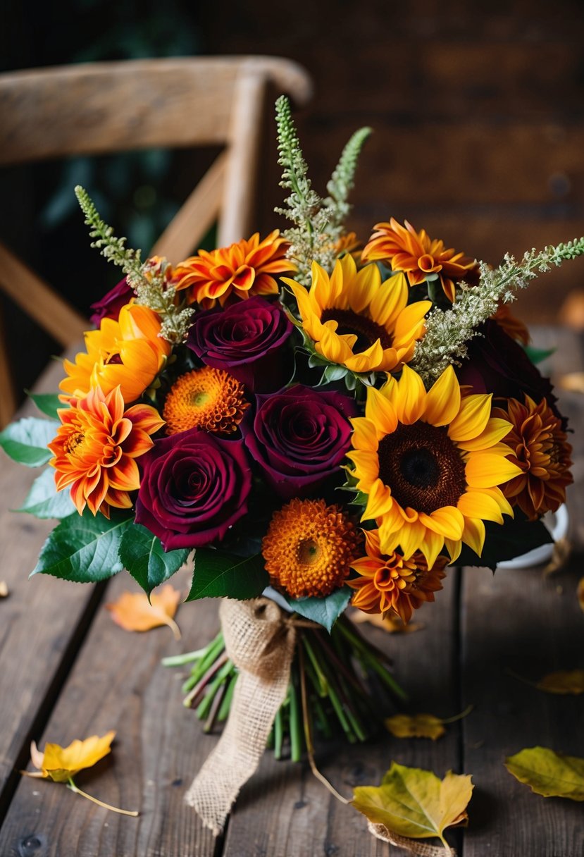 A rustic bouquet of deep red roses, orange dahlias, and golden sunflowers, tied with a burlap ribbon, sits on a wooden table adorned with fallen leaves