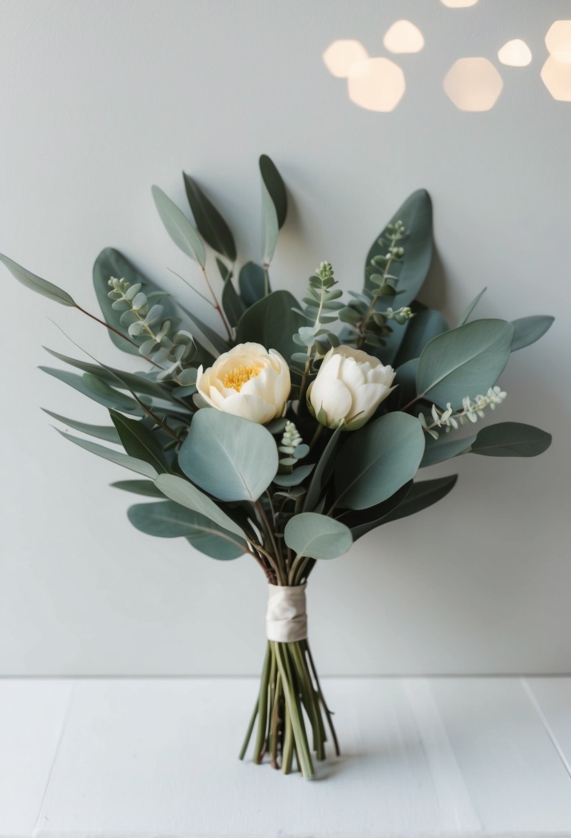 A small bouquet of eucalyptus leaves and ivory flowers arranged in a simple and elegant manner