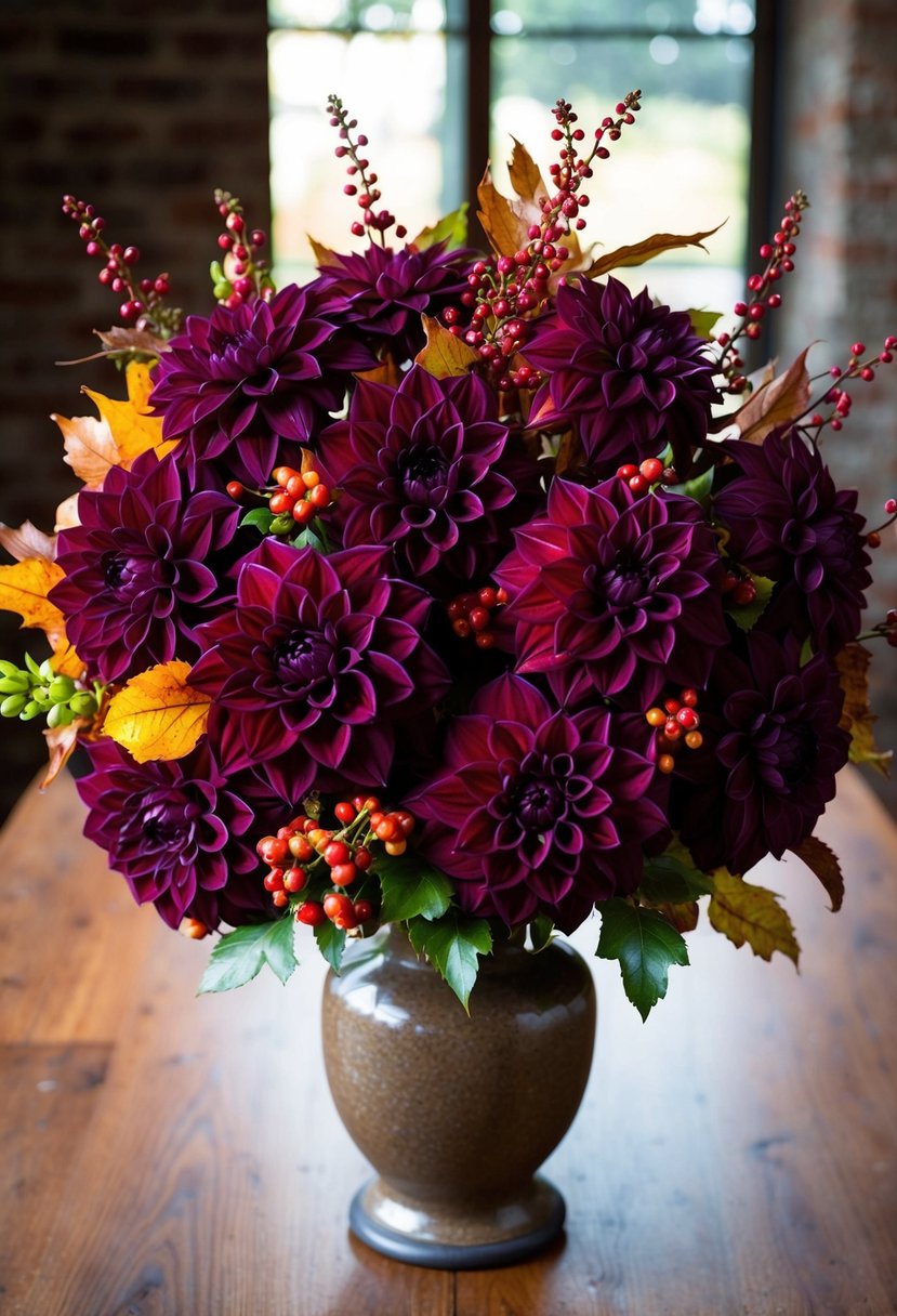 A lush bouquet of deep burgundy dahlias, accented with autumn foliage and berries, sits in a rustic vase on a wooden table