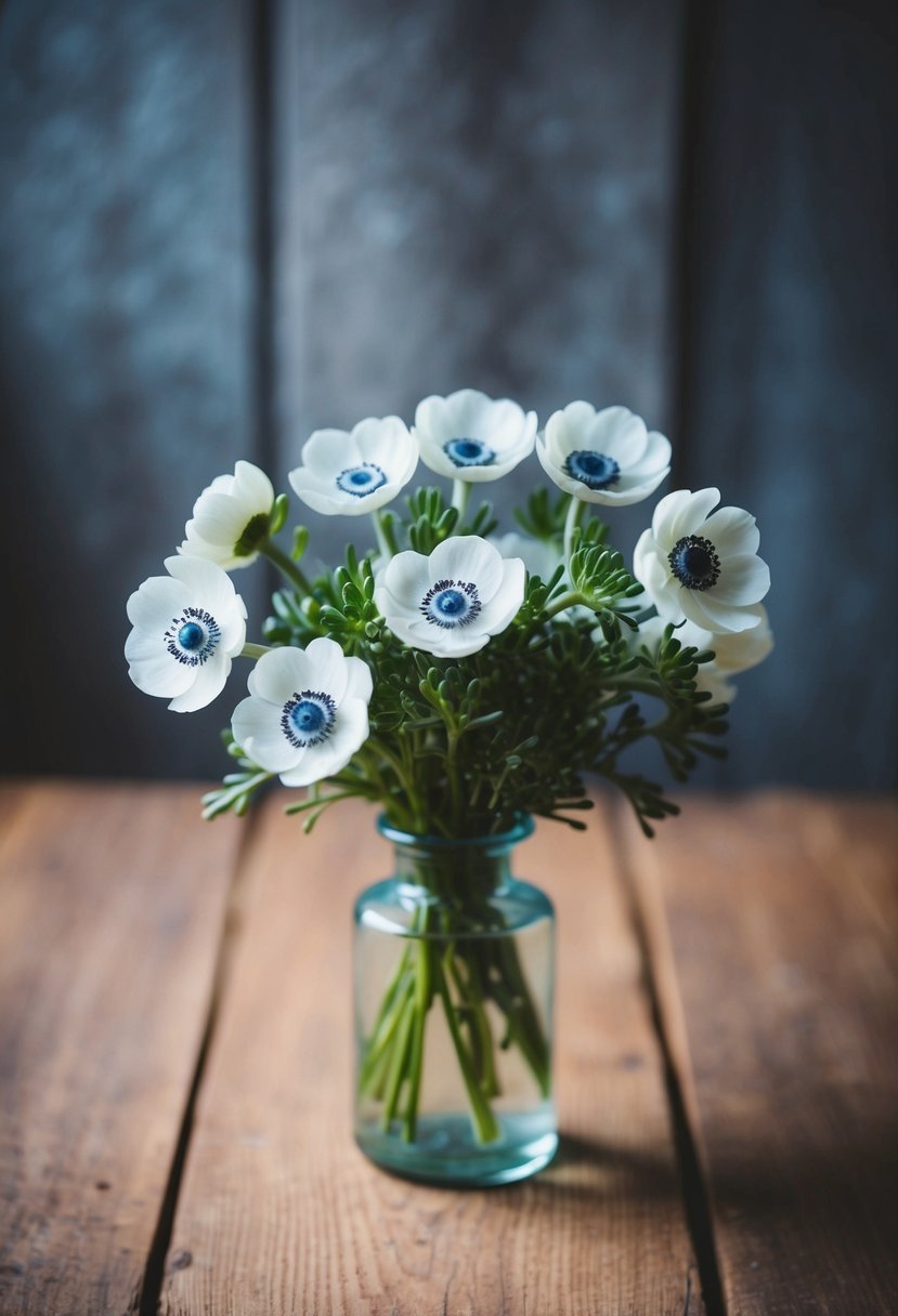 A small bouquet of anemones arranged in a simple glass vase on a rustic wooden table