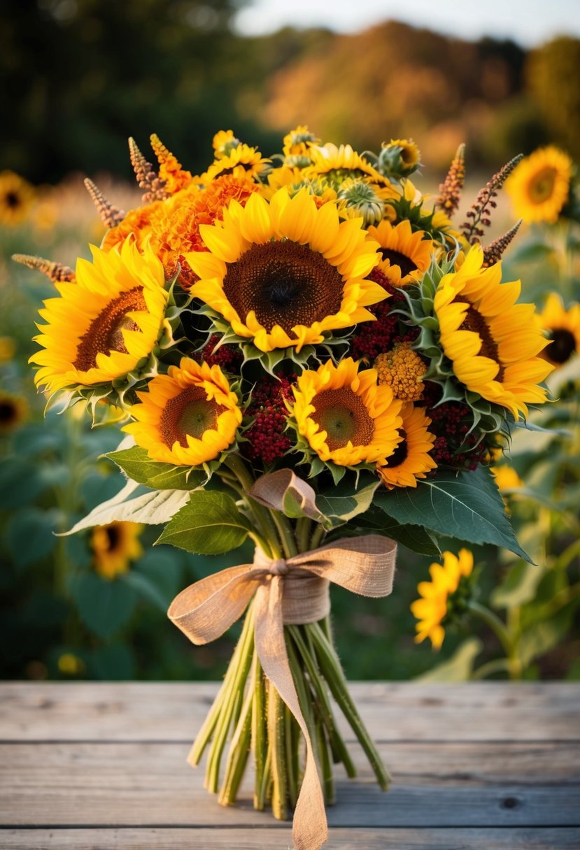 A bouquet of vibrant sunflowers and wildflowers in warm autumn colors, tied with a rustic ribbon