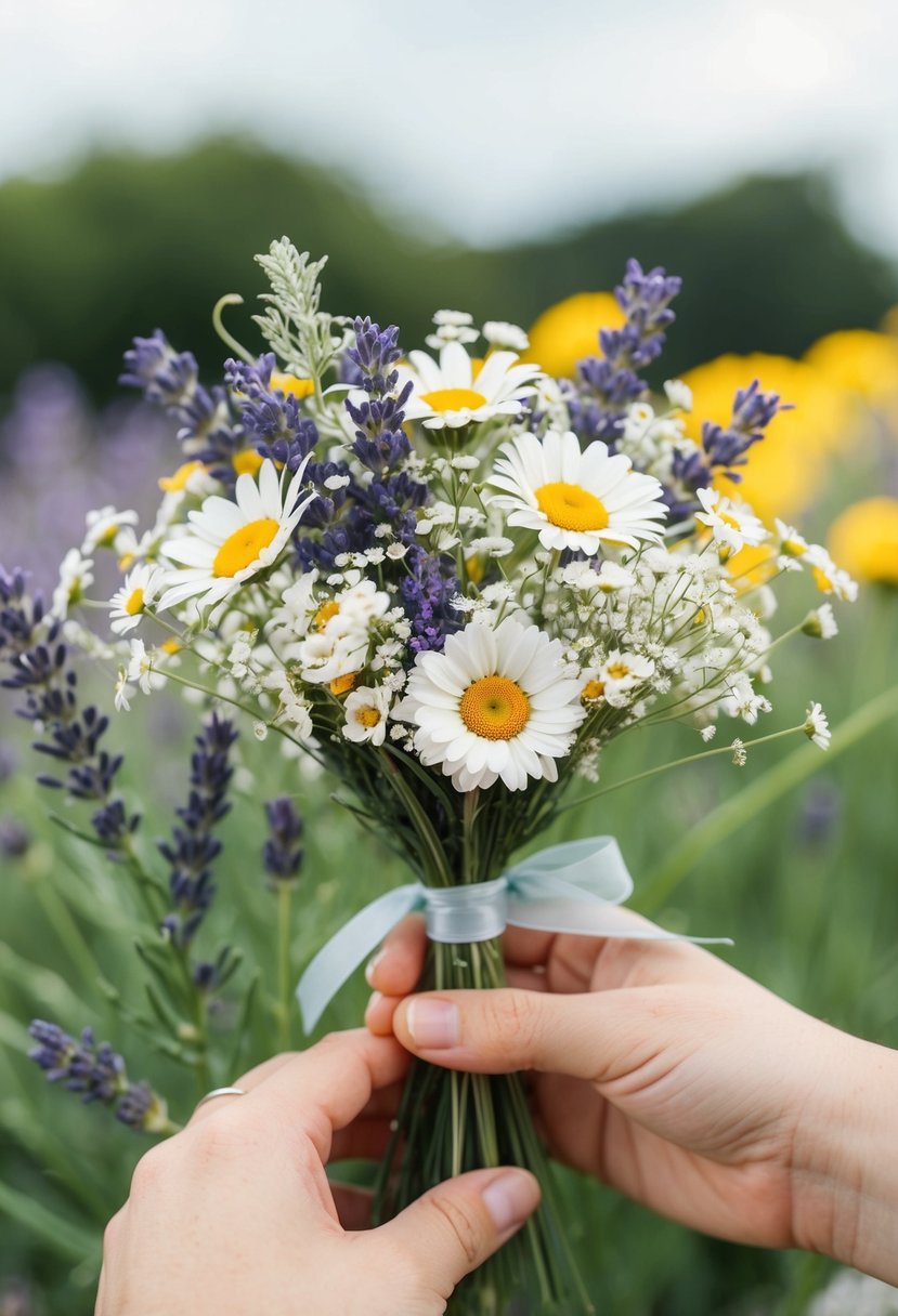 A small posy of wildflowers, including daisies, lavender, and baby's breath, tied with a simple ribbon