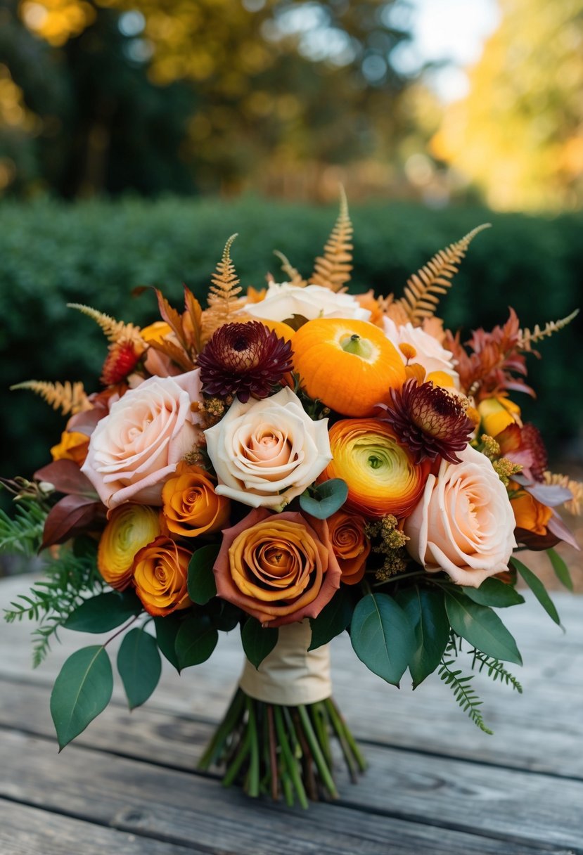 An autumn wedding bouquet featuring a combination of elegant roses and ranunculus, with a mix of warm, rich colors and lush greenery