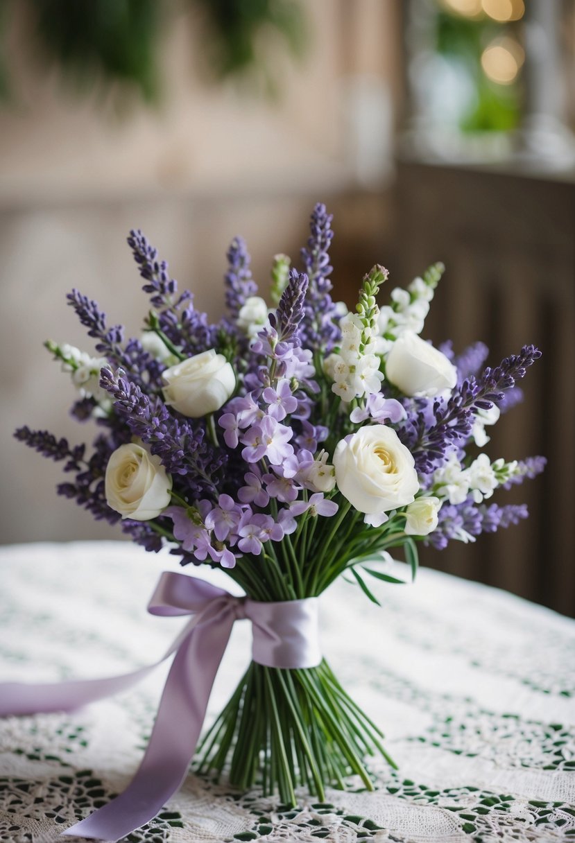 A delicate bouquet of lavender and white flowers, tied with a satin ribbon, rests on a vintage lace tablecloth