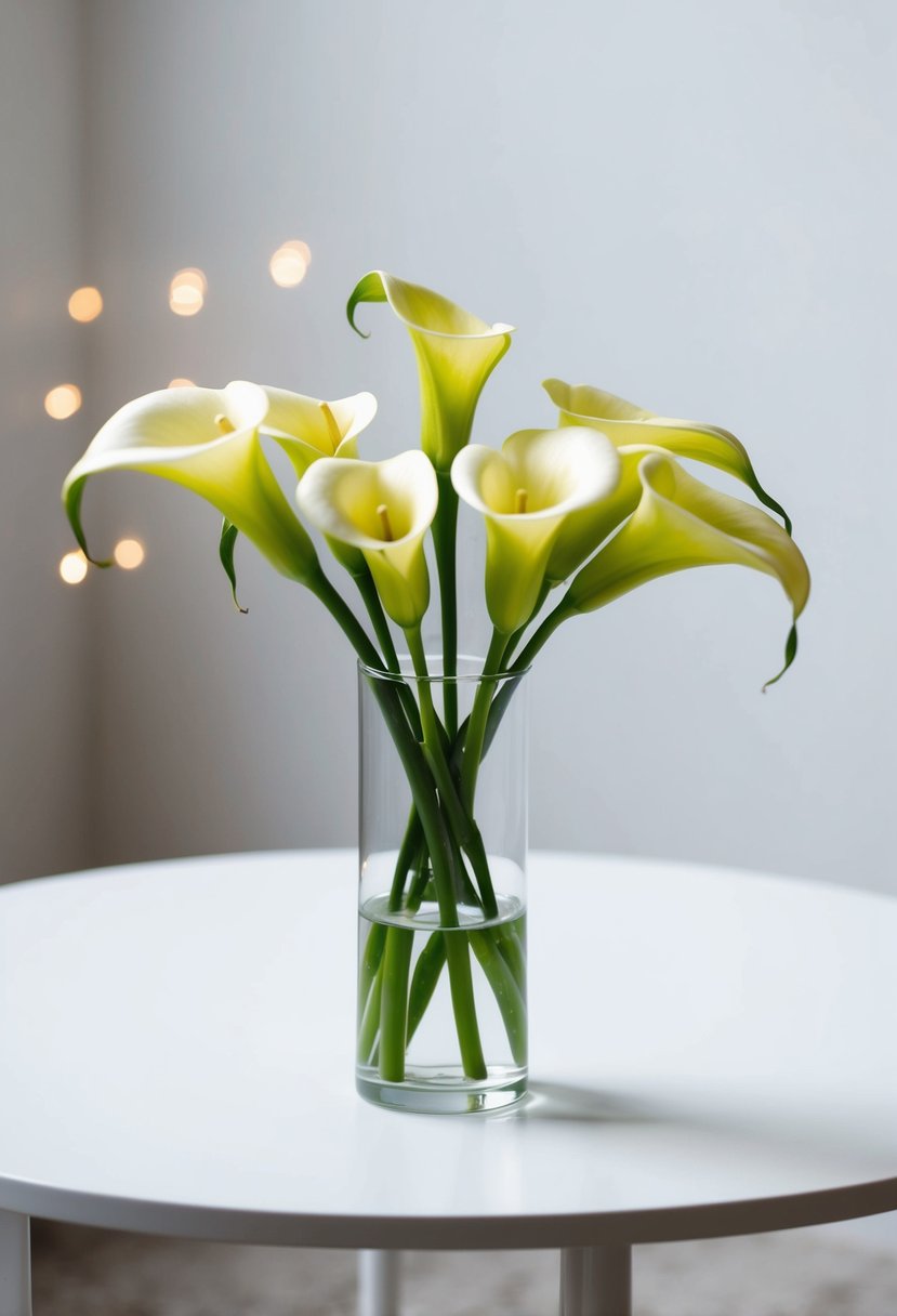 A small, simple bouquet of calla lilies in a clear glass vase on a clean, white tabletop