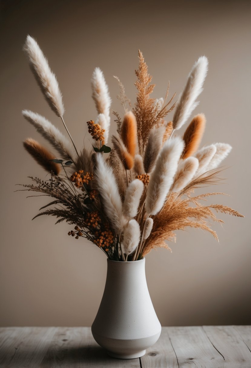 A rustic bouquet of pampas grass and bunny tails, with warm autumn colors and delicate textures, arranged in a simple, elegant vase