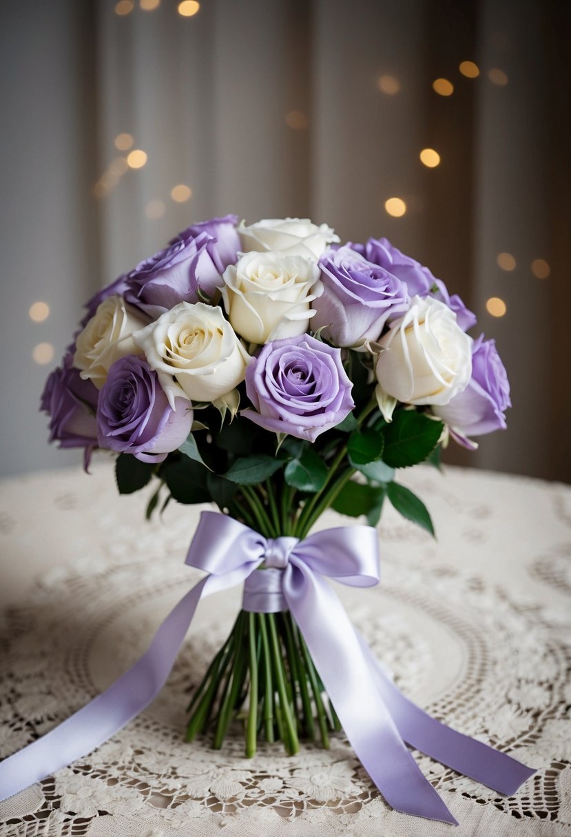 A delicate bouquet of lavender and white garden roses, tied with a satin ribbon, rests on a vintage lace tablecloth