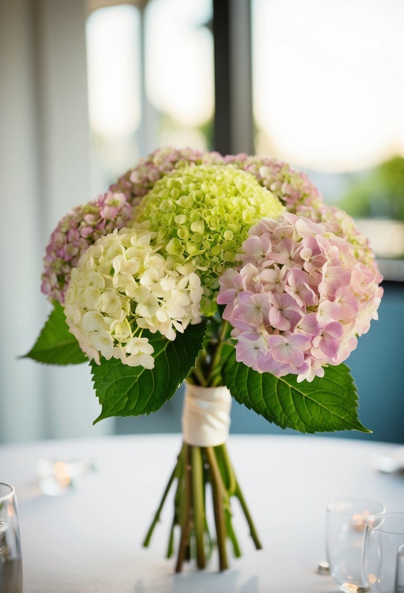 A small bunch of compact hydrangeas arranged in a simple wedding bouquet