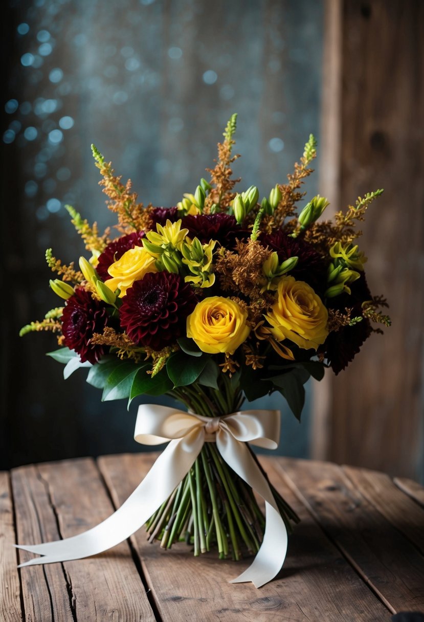 A lush bouquet of deep burgundy and golden yellow flowers, tied with a satin ribbon, sits on a rustic wooden table