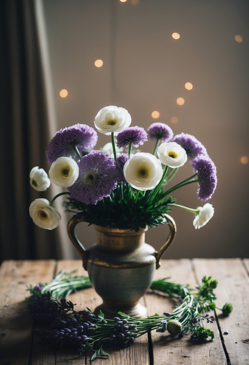 A rustic arrangement of lavender and white ranunculus, nestled in a vintage-style vase, surrounded by soft, natural lighting