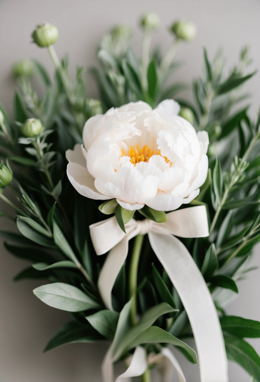 A delicate single peony bloom surrounded by soft greenery, tied with a simple ribbon