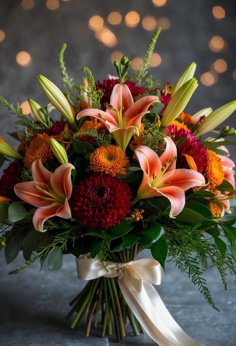 A lush bouquet of lisianthus and lilies in rich autumn hues, accented with delicate greenery and tied with a satin ribbon