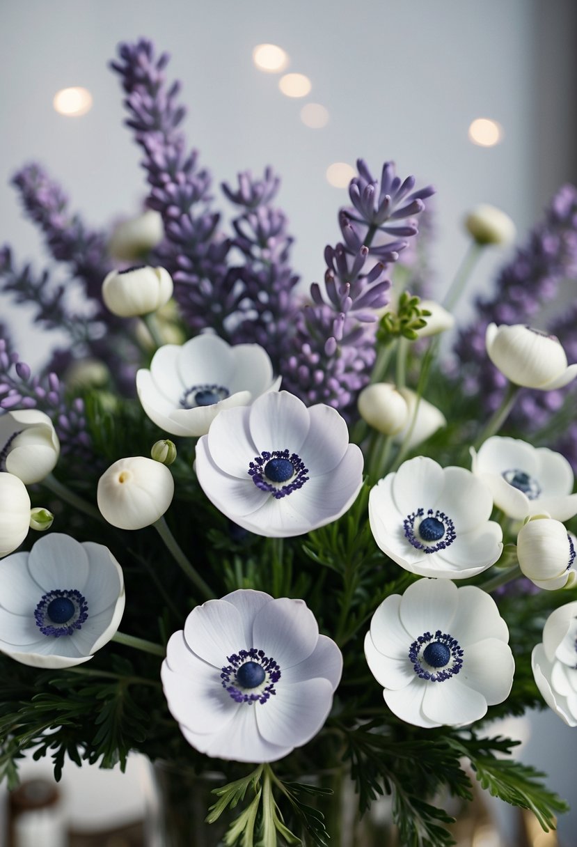 A delicate arrangement of lavender and white anemones in an elegant bouquet