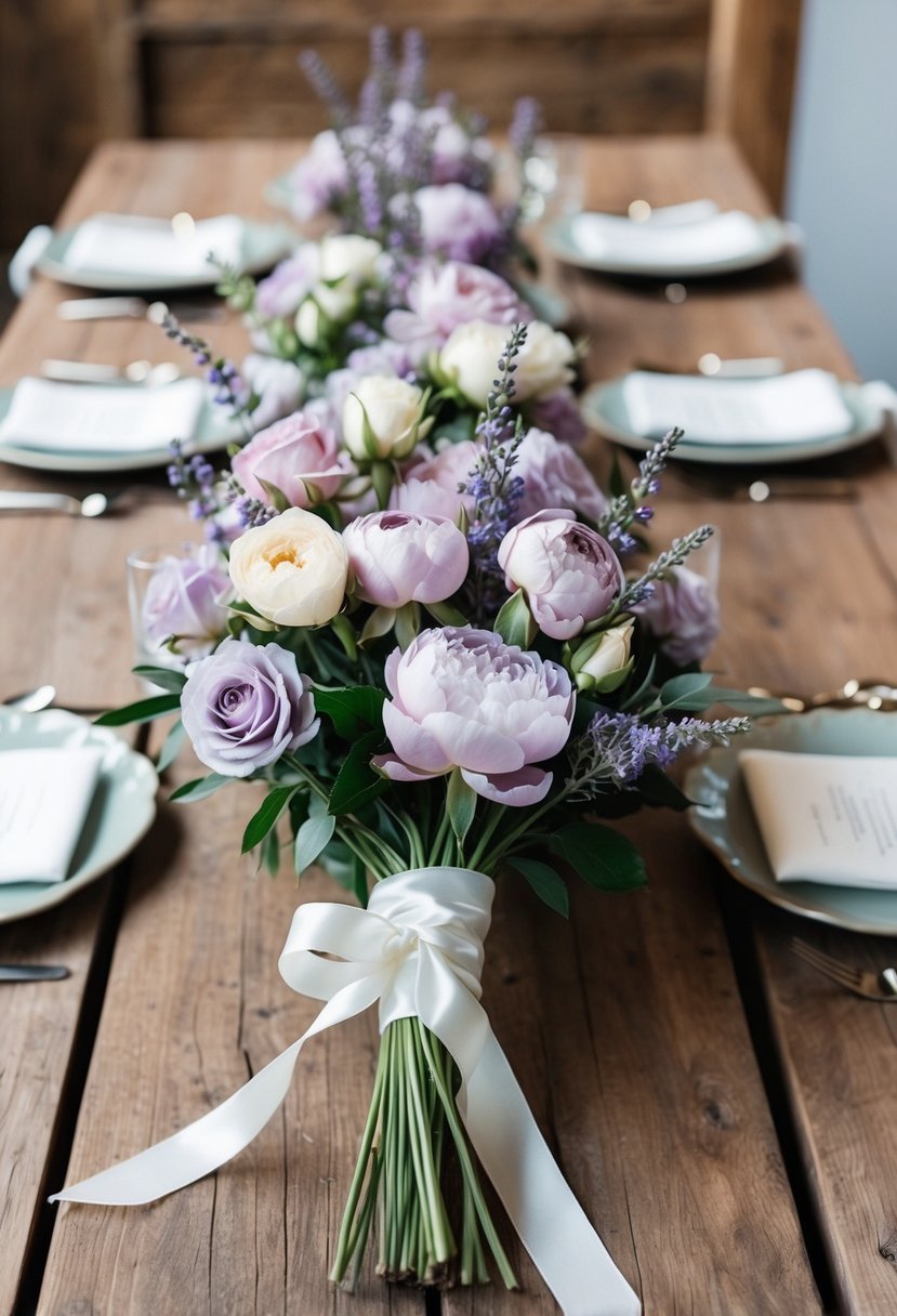 A rustic wooden table adorned with a delicate mix of vintage lavender roses and peonies, tied together with a white ribbon