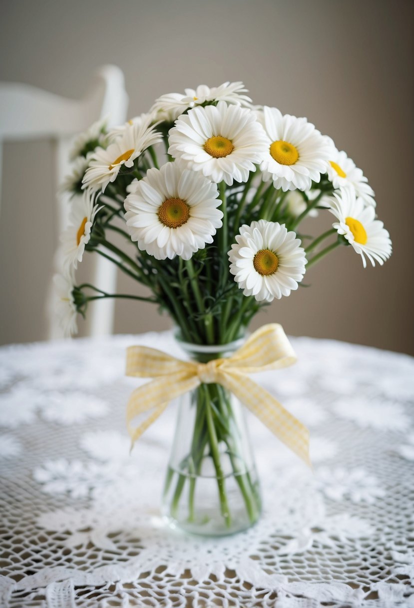 A cluster of dainty daisies tied with a ribbon, sitting in a simple glass vase on a white lace tablecloth