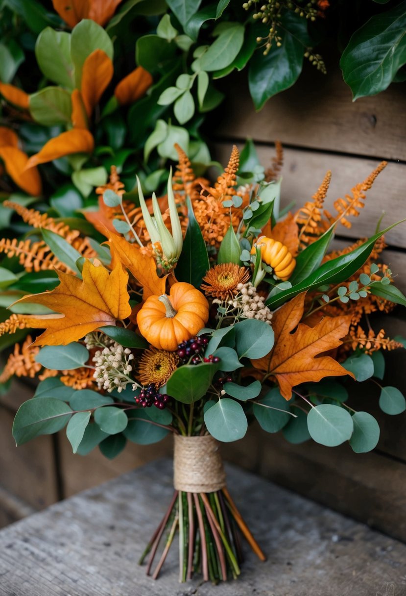 A bouquet of burnt orange and lush green autumn foliage, accented with delicate flowers and berries, arranged in a rustic, hand-tied style