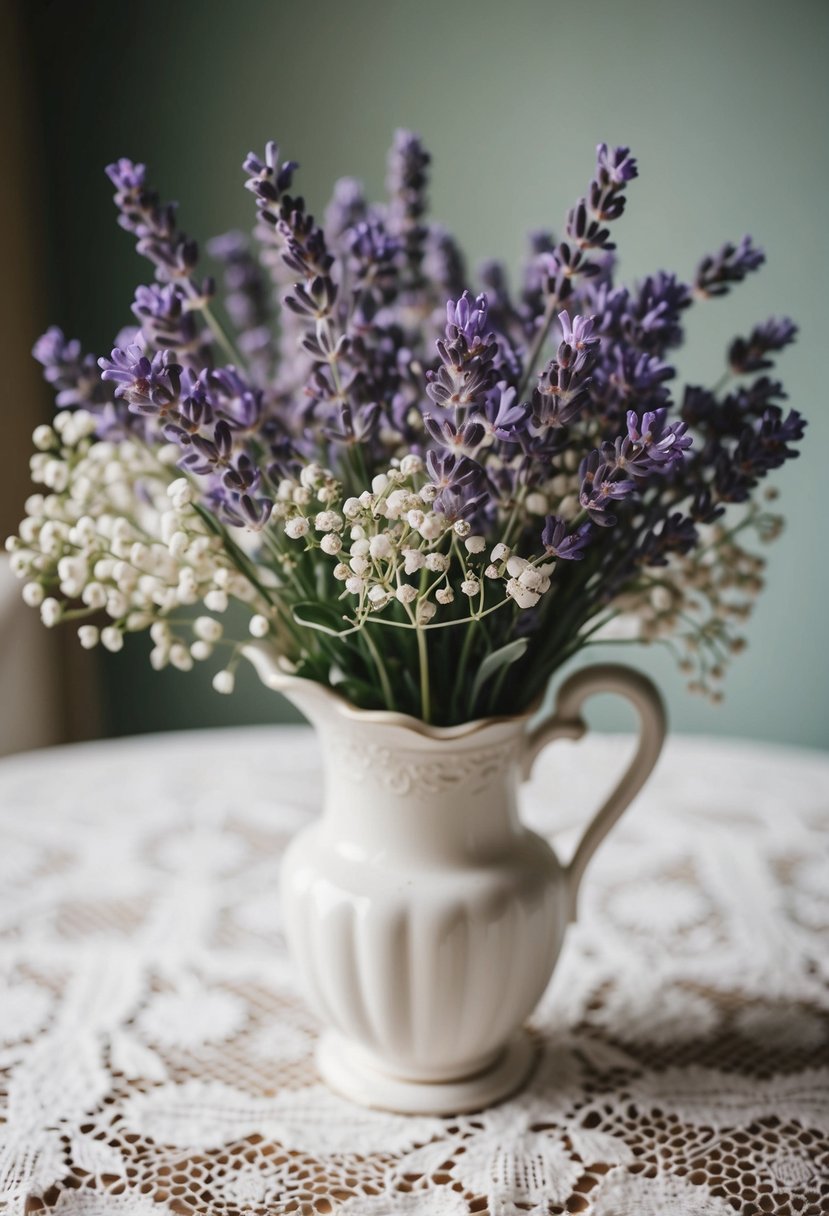 A delicate lavender and baby's breath bouquet sits in a vintage white vase on a lace tablecloth