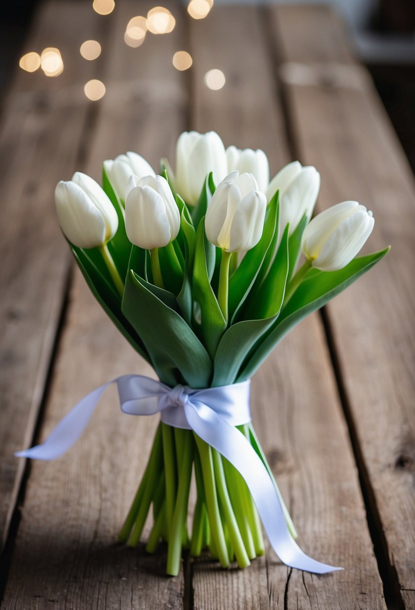 A small bouquet of white tulips wrapped in a simple ribbon, resting on a rustic wooden table