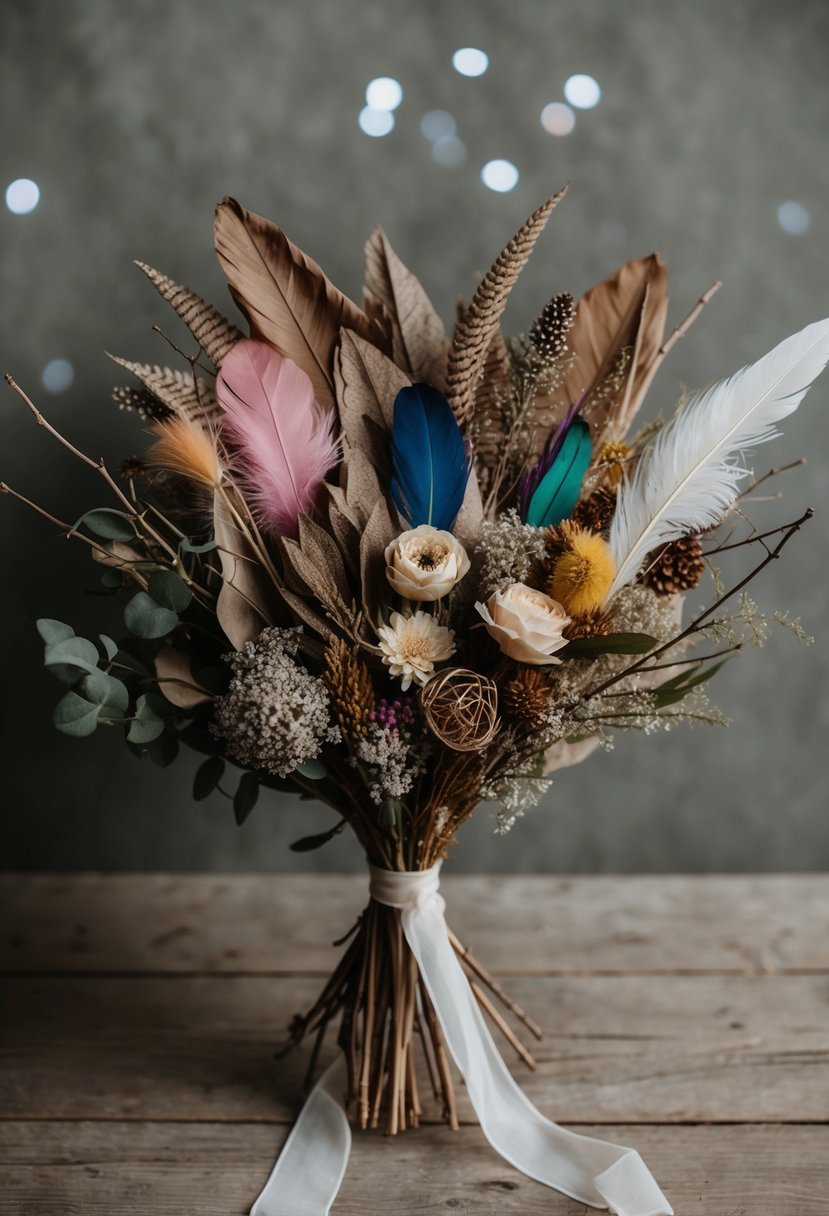 A rustic bouquet of dried leaves, twigs, and flowers, with surprising additions of colorful feathers and delicate ribbons