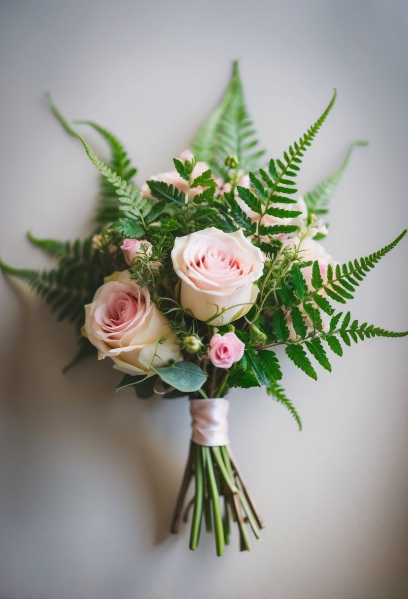 A small bouquet of roses and ferns, intertwined in a delicate fusion of green and pink, arranged in a simple and elegant manner