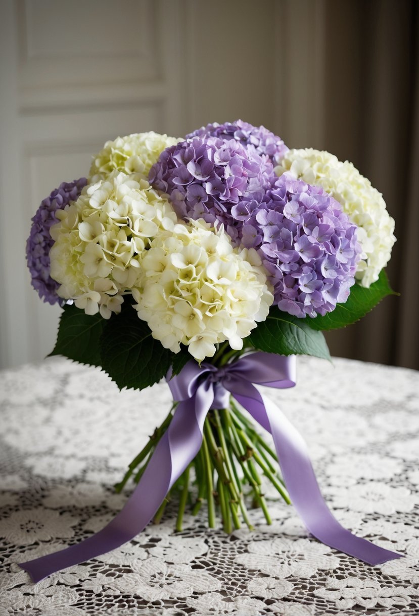 A lush bouquet of lavender and white hydrangeas, tied with a satin ribbon, sits on a vintage lace tablecloth