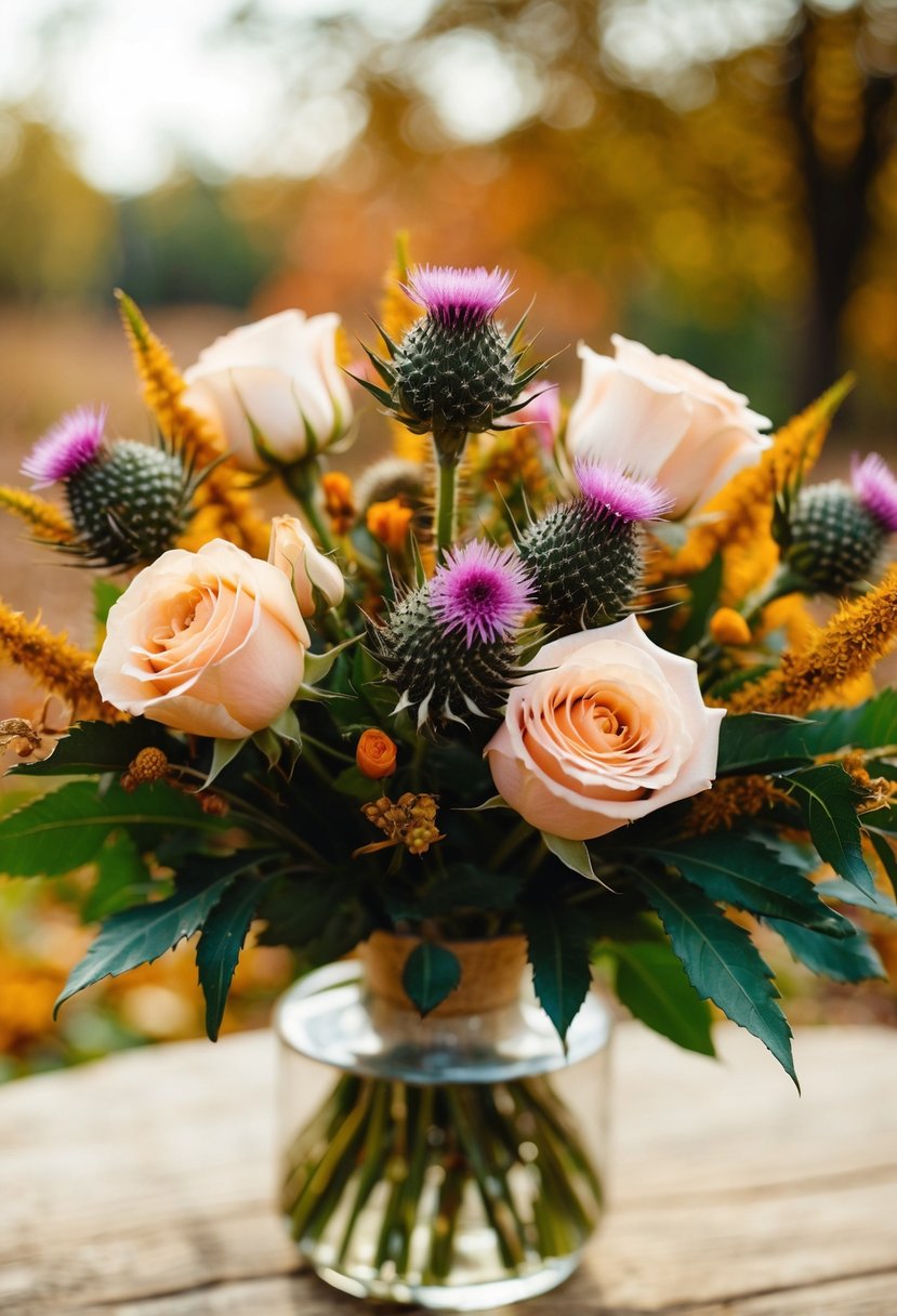 A bouquet of spray roses and thistle, arranged in a rustic and elegant style, with warm autumn colors