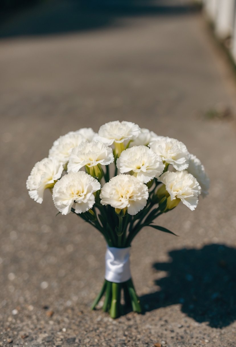 A small, elegant bundle of charming carnations arranged in a simple wedding bouquet