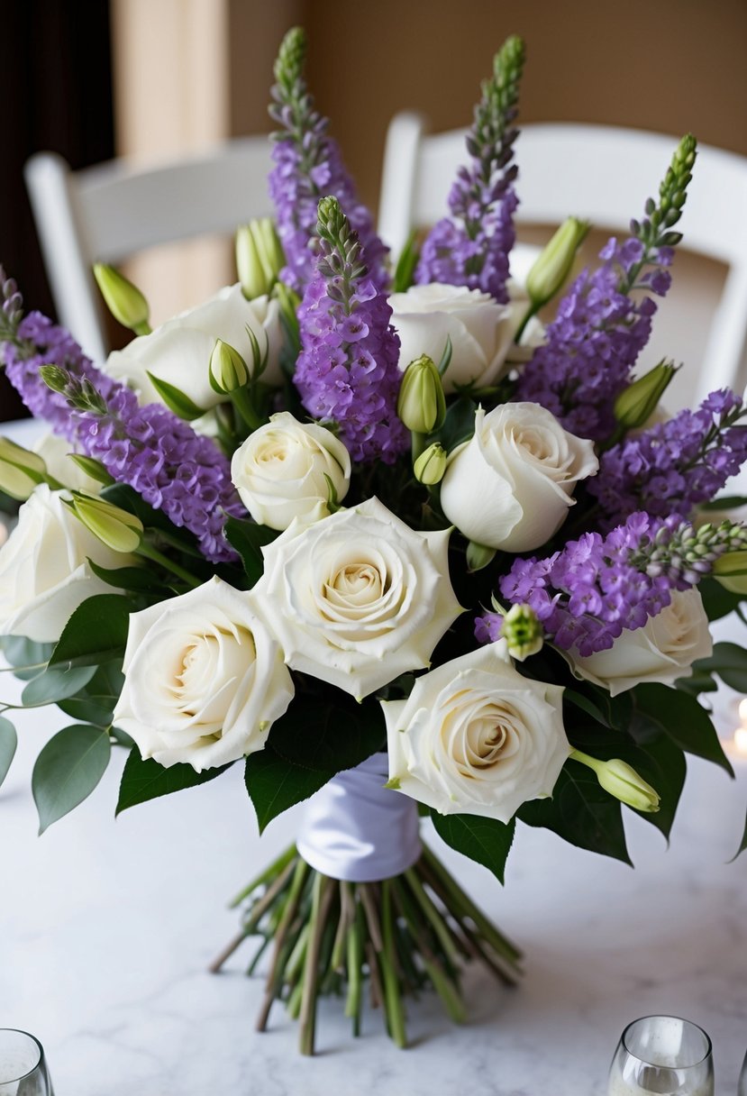 A bouquet of white roses and lavender lisianthus arranged in a classic wedding style