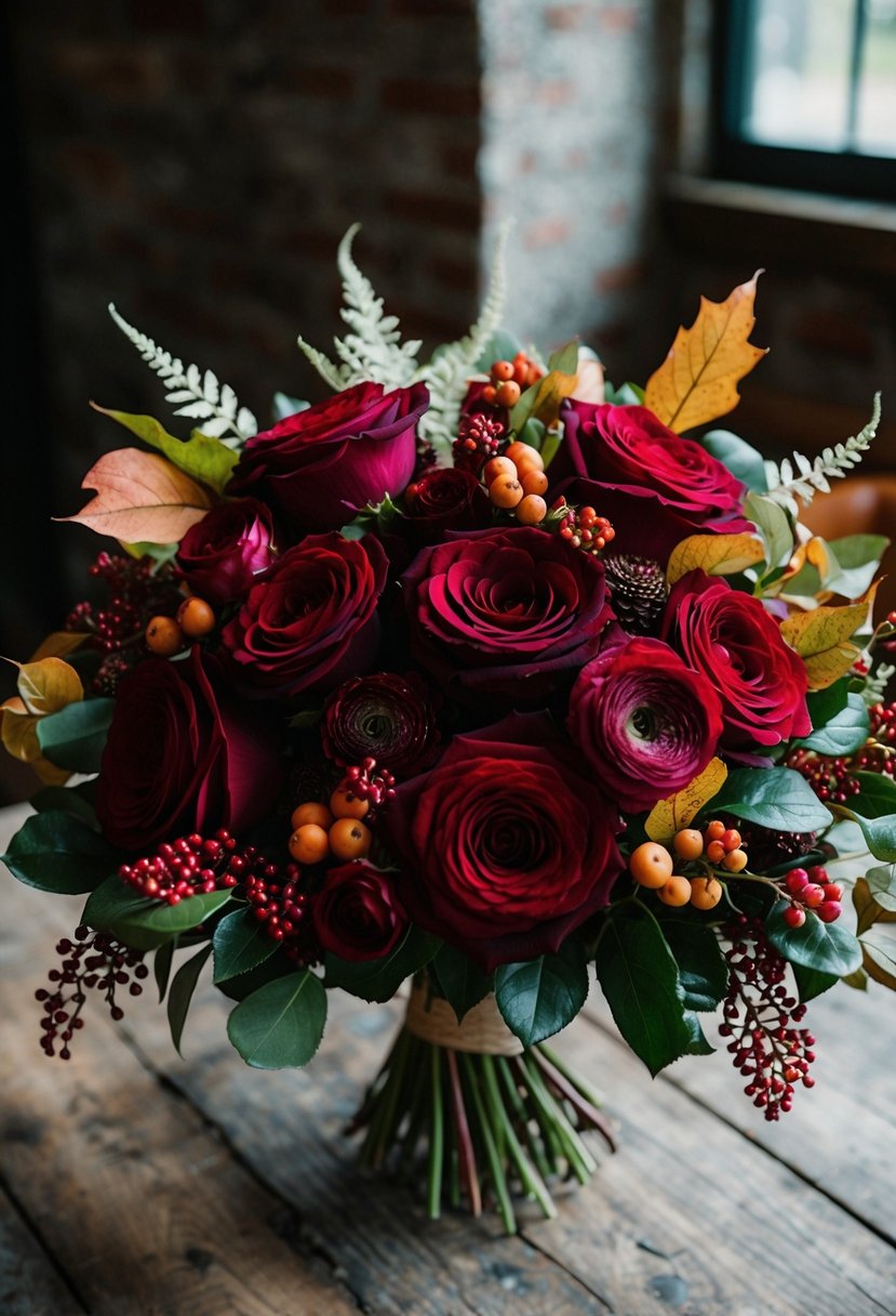 A lush bouquet of deep red roses and delicate ranunculus, accented with autumn foliage and berries, sits on a rustic wooden table