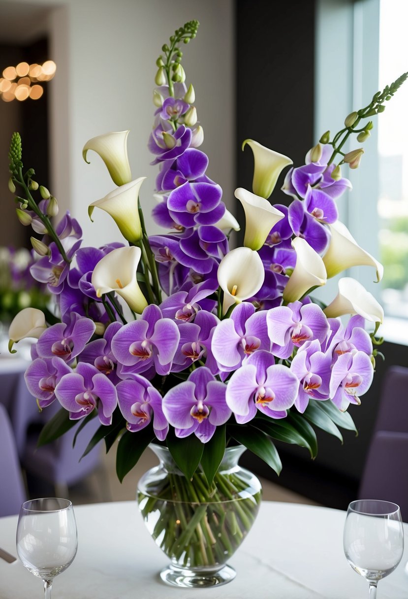 A lush bouquet of lavender orchids and white calla lilies arranged in a modern, elegant style