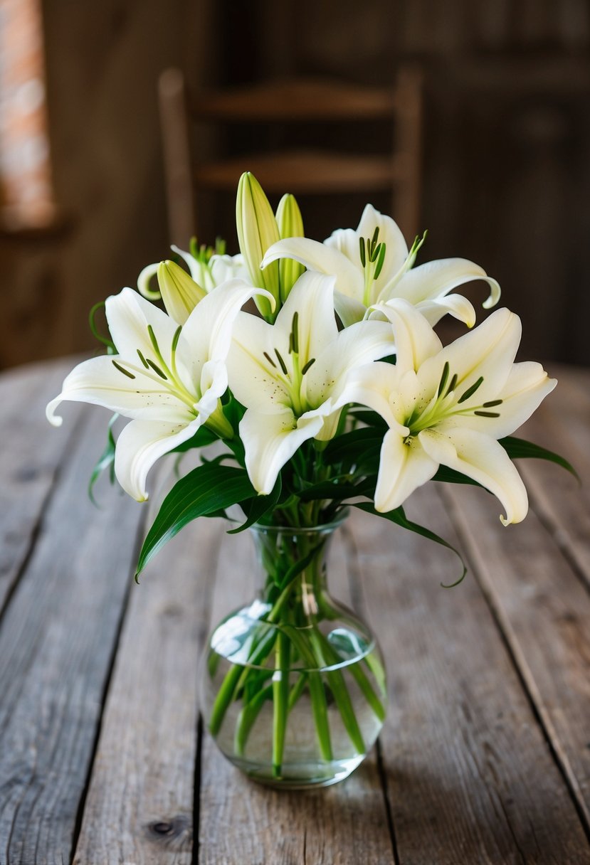 A small, simple wedding bouquet of white lilies in a clear glass vase on a rustic wooden table